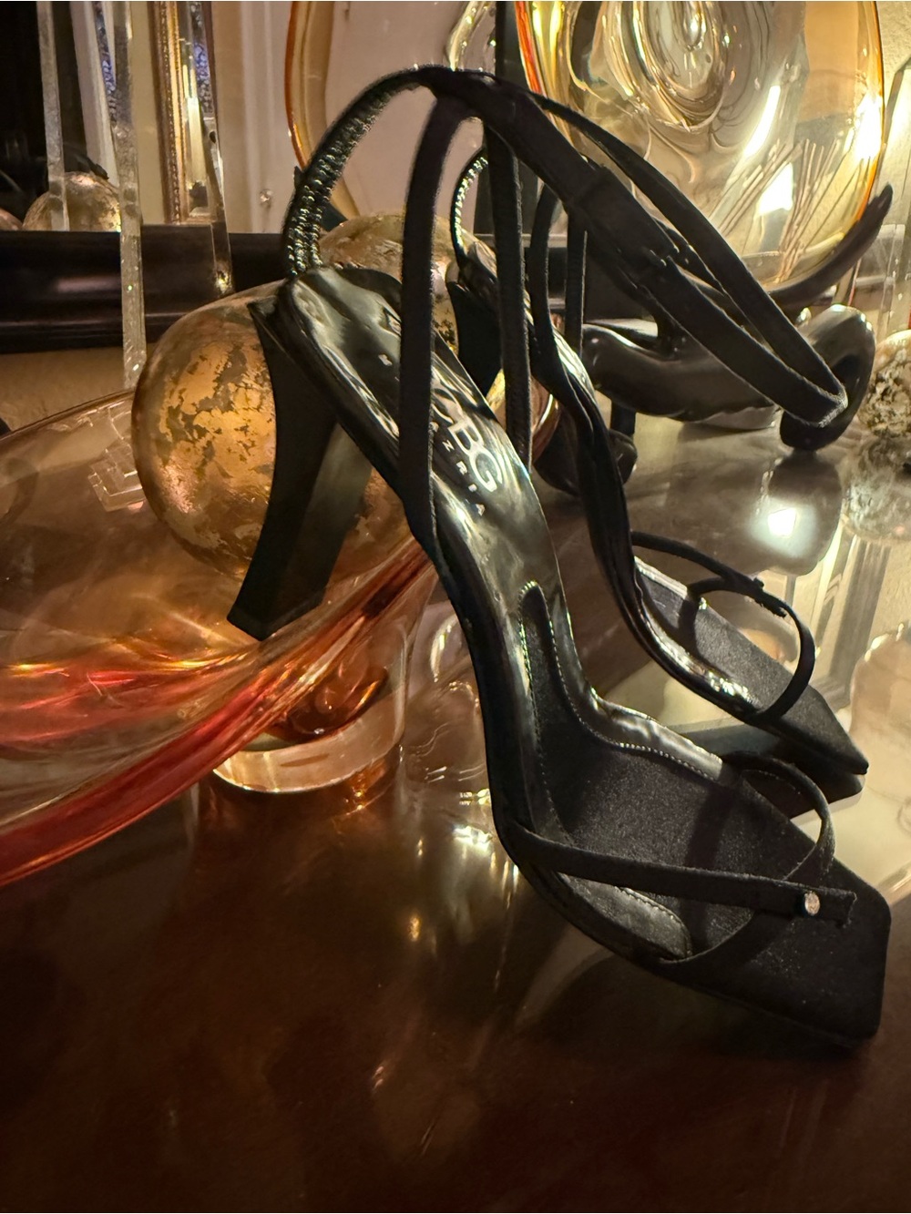 VTG RARE BCBG MaxAzria Black Genuine Leather and Satin Ankle Strap Heels New